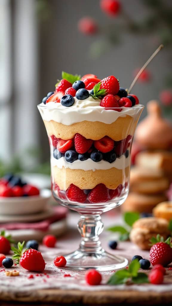 A colorful berry trifle with layers of whipped cream, cake, and fresh berries.
