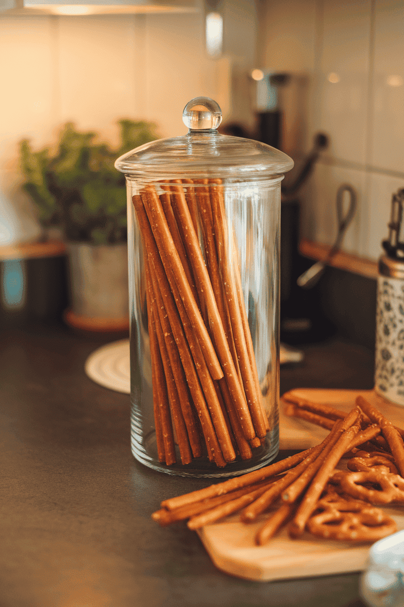 Glass canister on an indoor countertop filled with long pretzel rods, some scattered on a wooden board. Warm light, no text or logos, photo only.