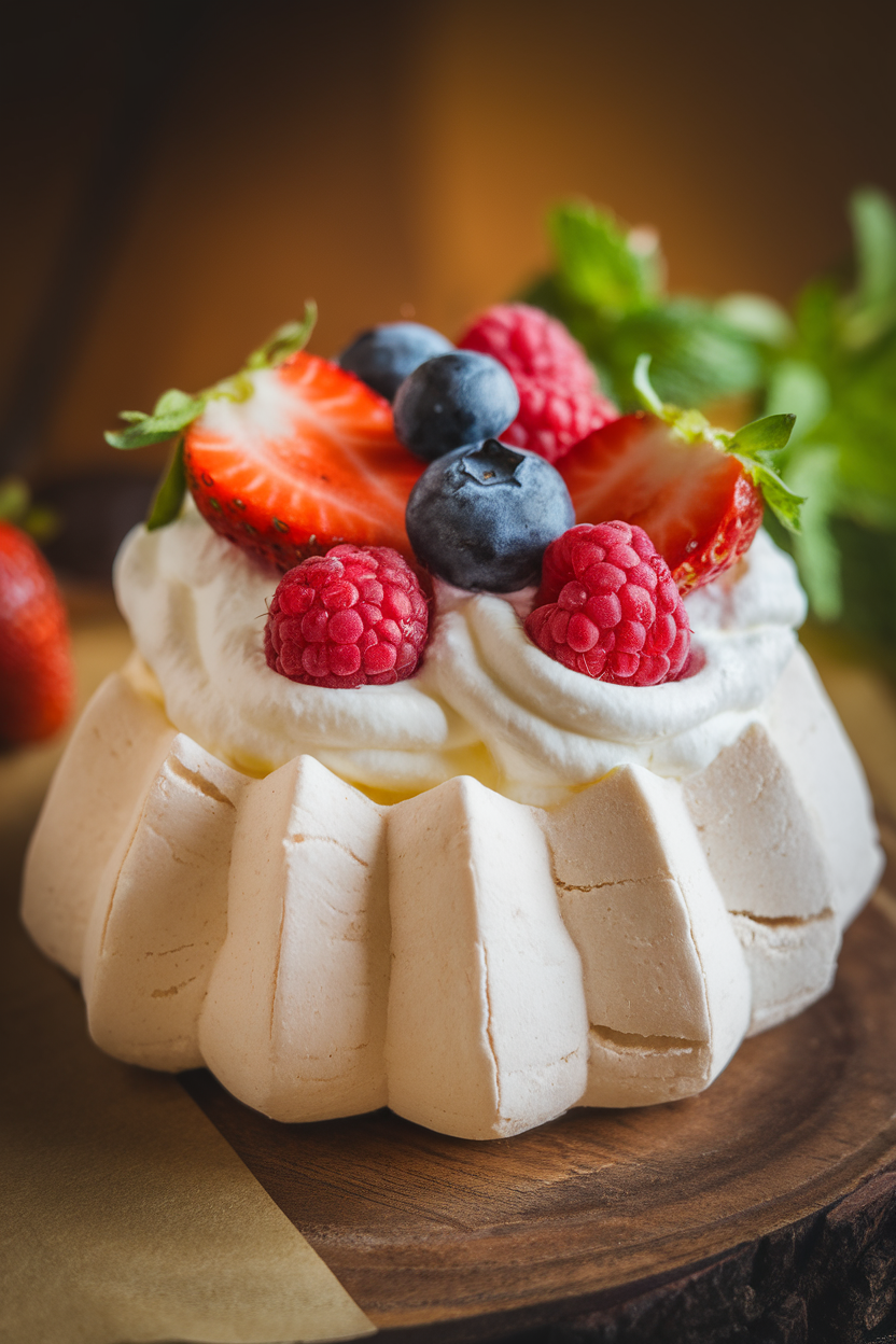 A close-up indoor shot of a mini pavlova shell crowned with whipped cream and mixed berries. Photo, no text or logos anywhere.