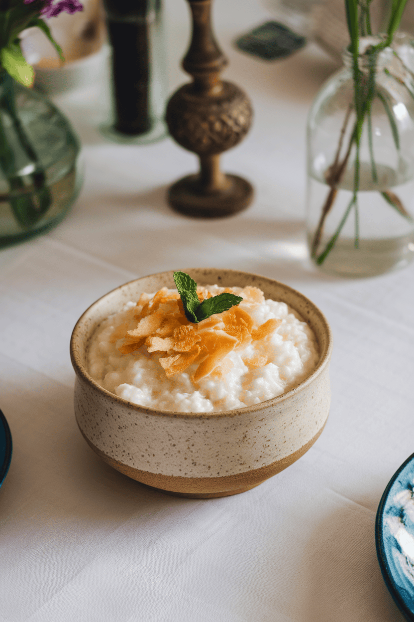 An indoor dining table with a ceramic bowl of creamy rice pudding sprinkled with golden toasted coconut flakes and a mint sprig. No branding.