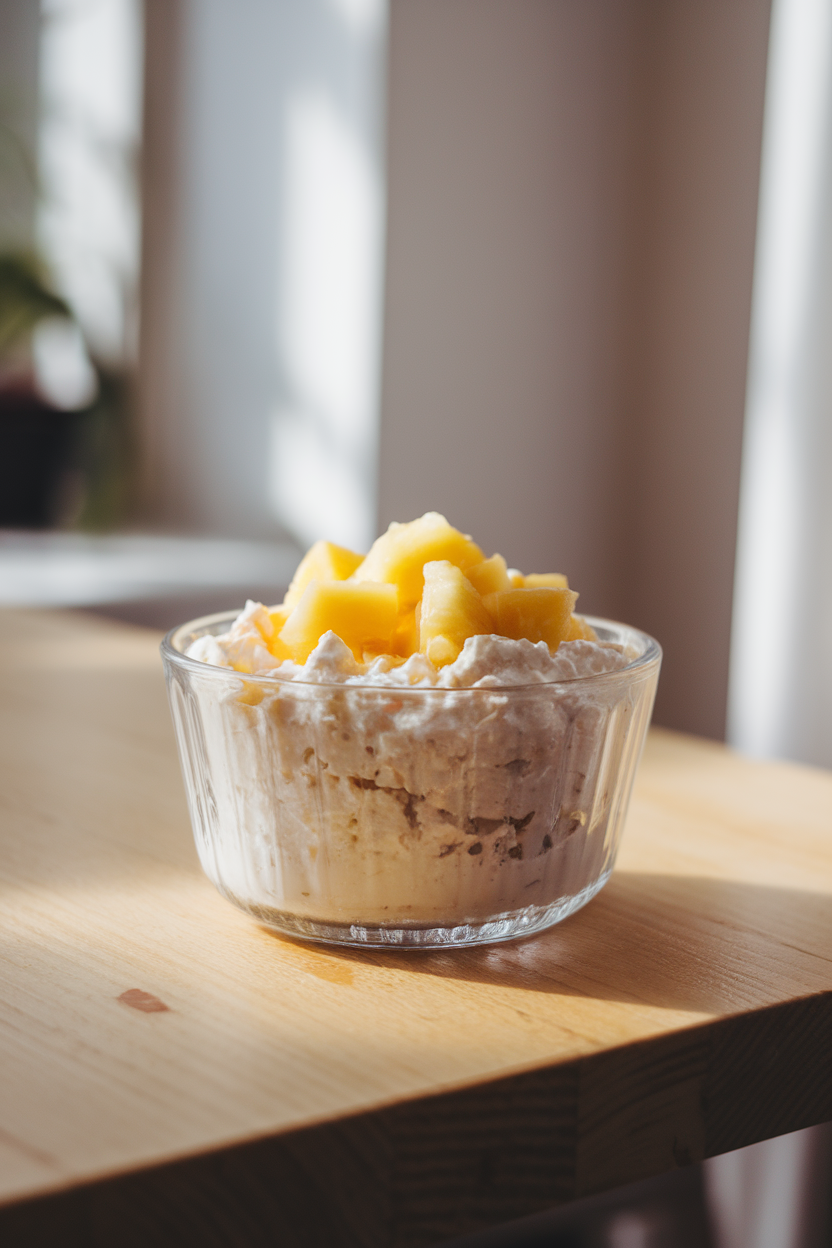 A clear glass bowl on an indoor table with cottage cheese topped by bright pineapple chunks, soft natural light, no text or logos.