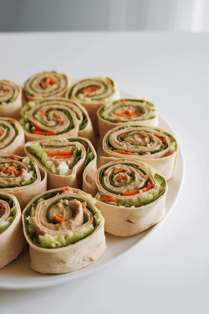Indoor photo of pinwheel slices of tortilla wraps filled with hummus, shredded lettuce, cucumber, and grated carrot, arranged neatly on a white plate. Bright, even lighting; no text or logos anywhere.
