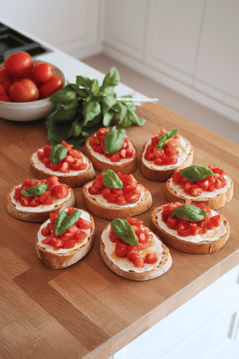 An indoor kitchen island with toasted baguette rounds topped with diced tomato, basil, and a light drizzle of olive oil. No text or logos present; photo only.