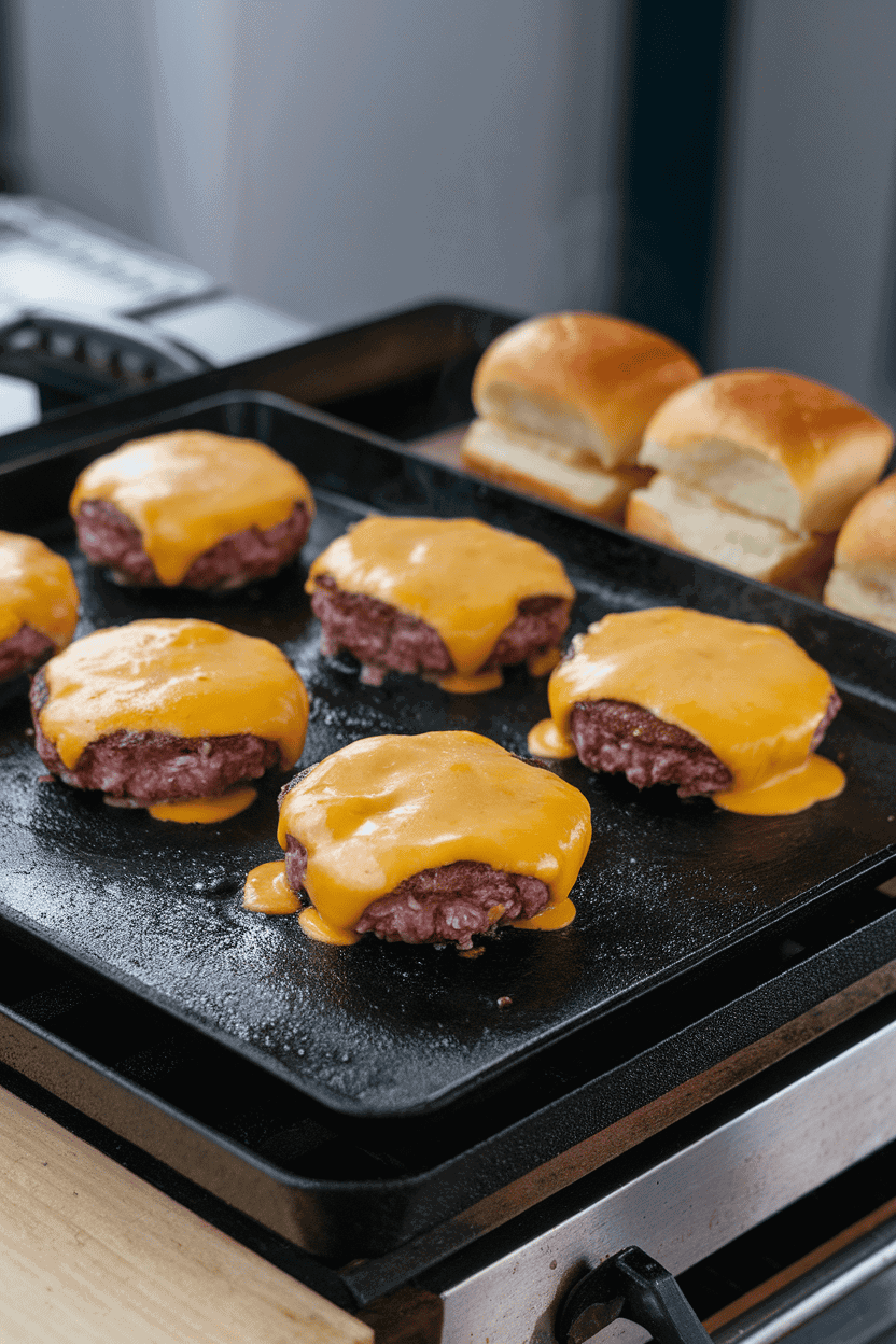 An indoor griddle scene with sizzling smashed burger patties topped with melting cheese, small slider buns on the side. No brand logos present.