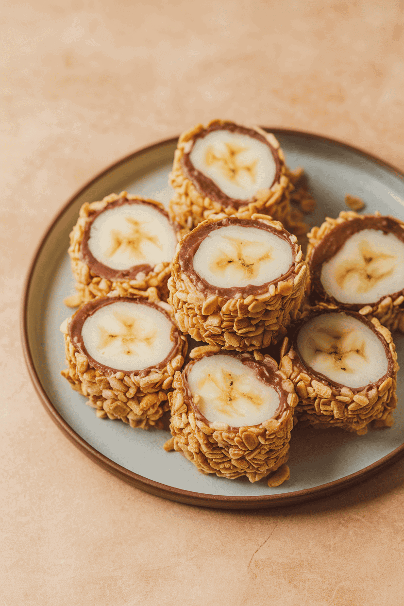 Indoor plate with banana pieces coated in sunflower seed butter, rolled in crushed cereal, sliced to resemble sushi rolls. Soft lighting, no text or logos, photo only.