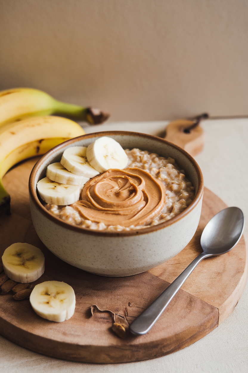 Indoor photo of a ceramic bowl filled with creamy oatmeal, swirled peanut butter, and banana slices on top. No logos or text present.