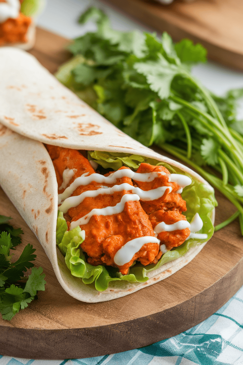 Indoor photo of a bright wrap with visible buffalo-sauced chicken, lettuce, and ranch drizzle, no text or logos.