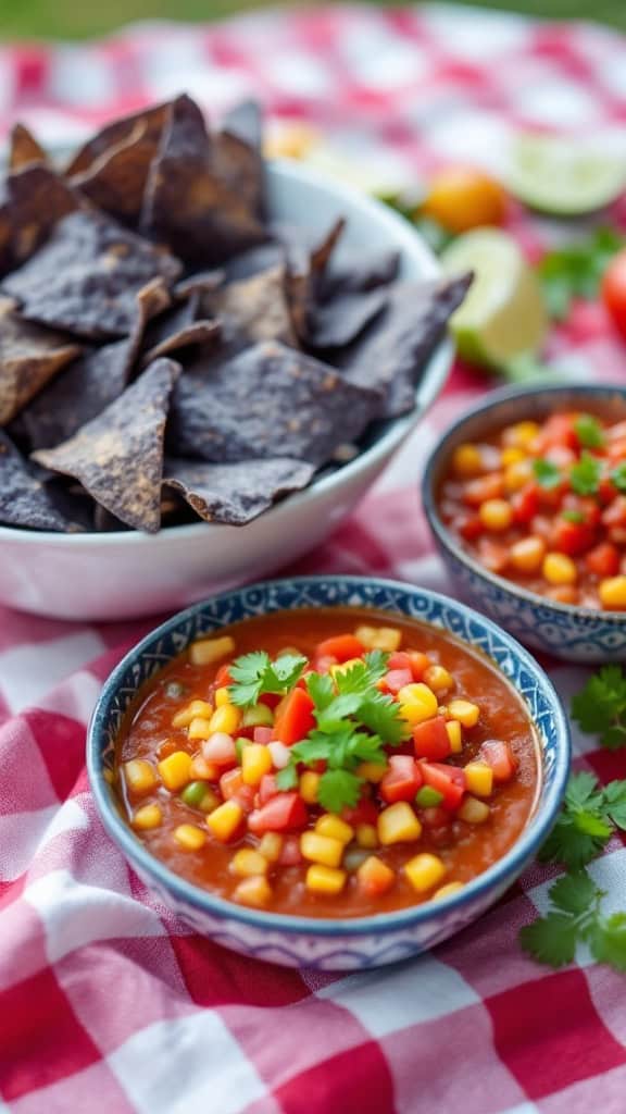 Blue corn tortilla chips served with salsa in bowls on a picnic table.