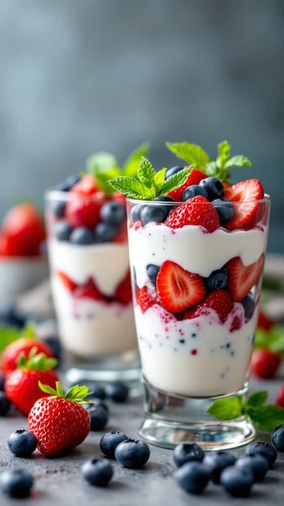 Yogurt parfaits layered with blueberries and strawberries, garnished with mint leaves.