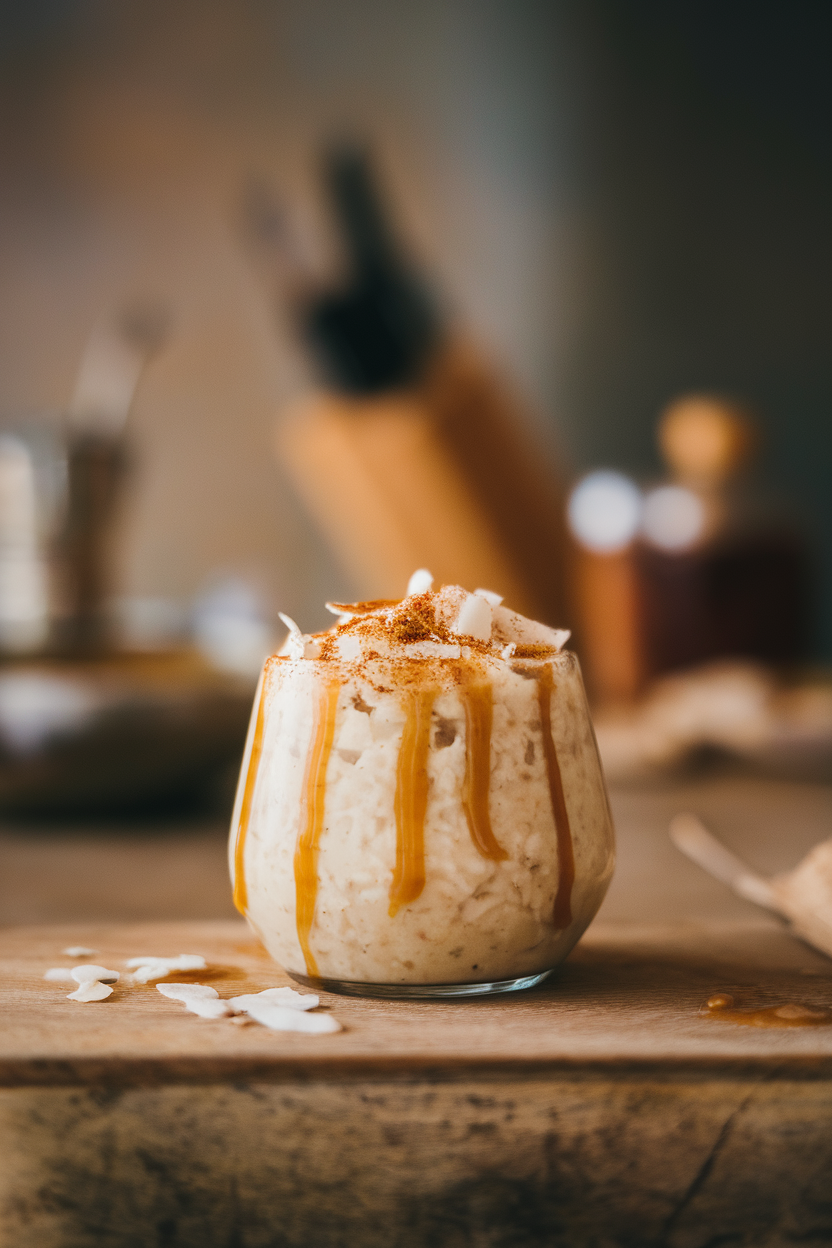 Indoor photo of a small bowl of creamy rice pudding topped with toasted coconut flakes and a sprinkle of cinnamon; gentle morning light; no text or logos. Photo, not illustration.