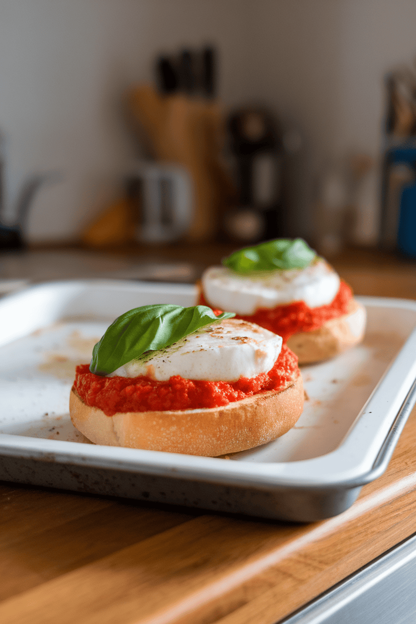 Photo, indoor oven tray on a countertop, toasted English muffin halves topped with tomato sauce, melted mozzarella, and fresh basil; no text or logos.