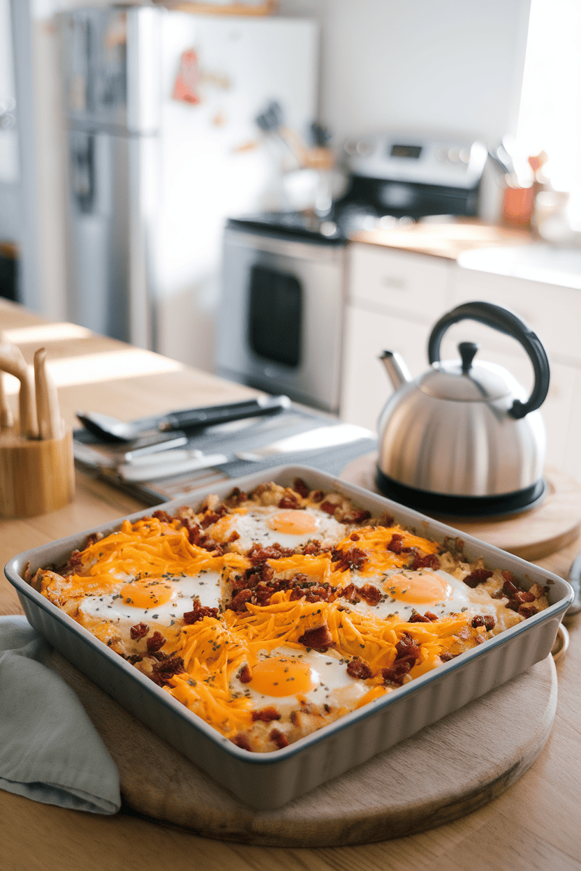 Photo of a brightly lit indoor kitchen island displaying a casserole of baked eggs, hash browns, bacon bits, and cheddar cheese speckled with chives. No text or logos anywhere in the image.