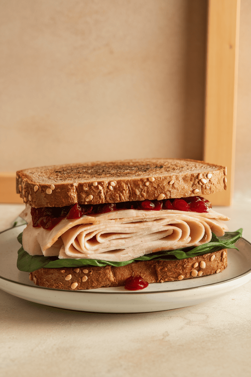 Indoor cafe-style photo of a pressed sandwich on grain bread with sliced turkey, baby spinach, and cranberry relish oozing slightly. No text or logos in view.