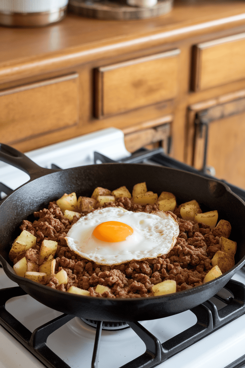 A cast-iron skillet on an indoor stove with crispy diced potatoes and ground beef hash, a sunny-side egg perched on top; photo, no text or logos.