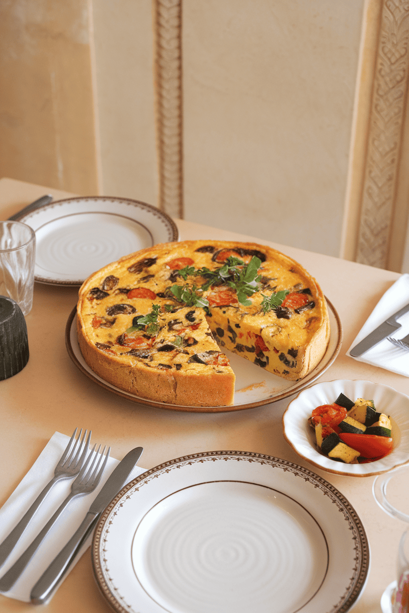 An indoor brunch table displaying a sliced wedge of vegetable frittata on a plate, colorful zucchini and tomato pieces visible within. Photo only; no text or logos.
