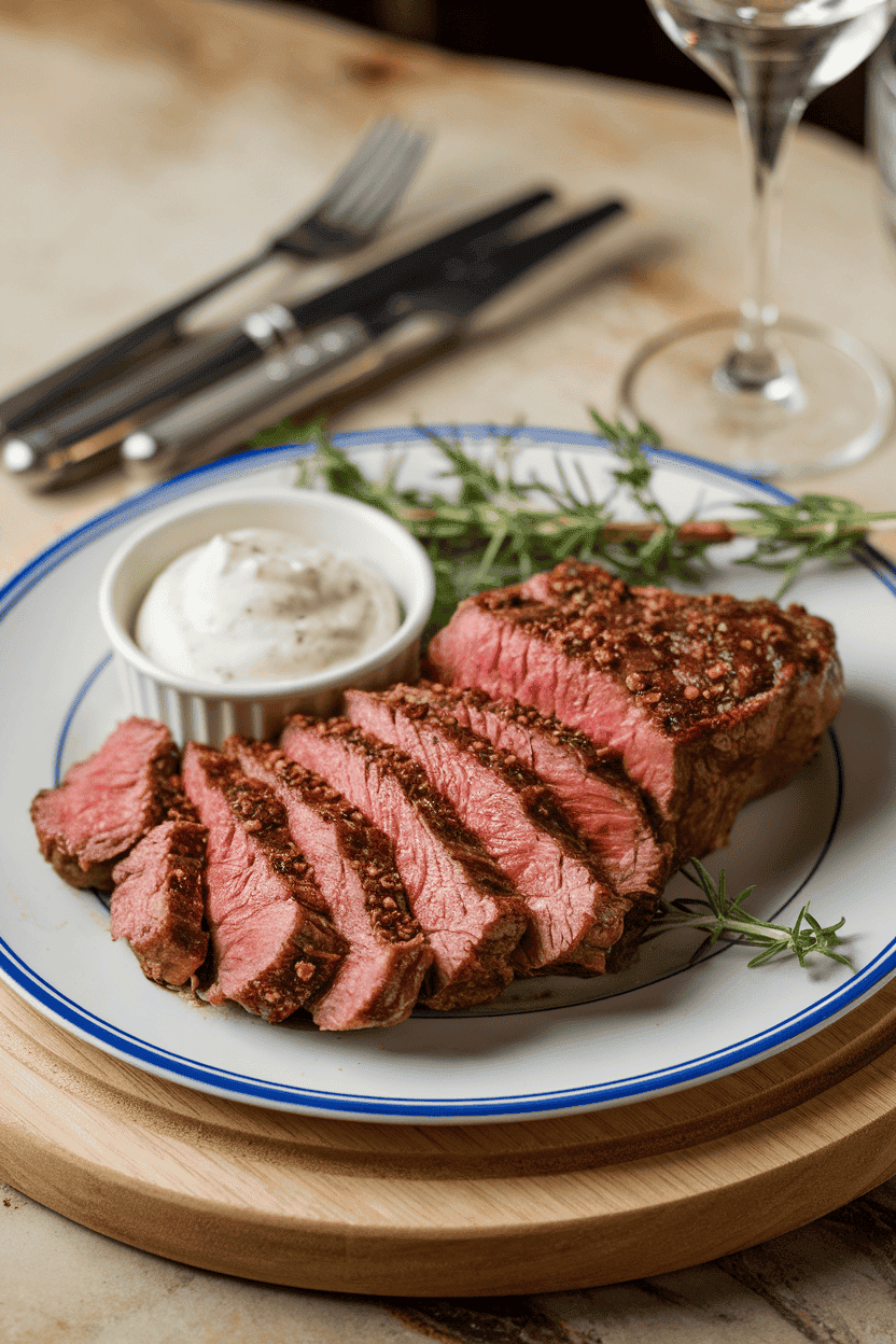 Indoor plate featuring a sliced New York strip steak with a cracked-pepper crust, small dish of creamy horseradish sauce alongside. Photo only, no text or logos.