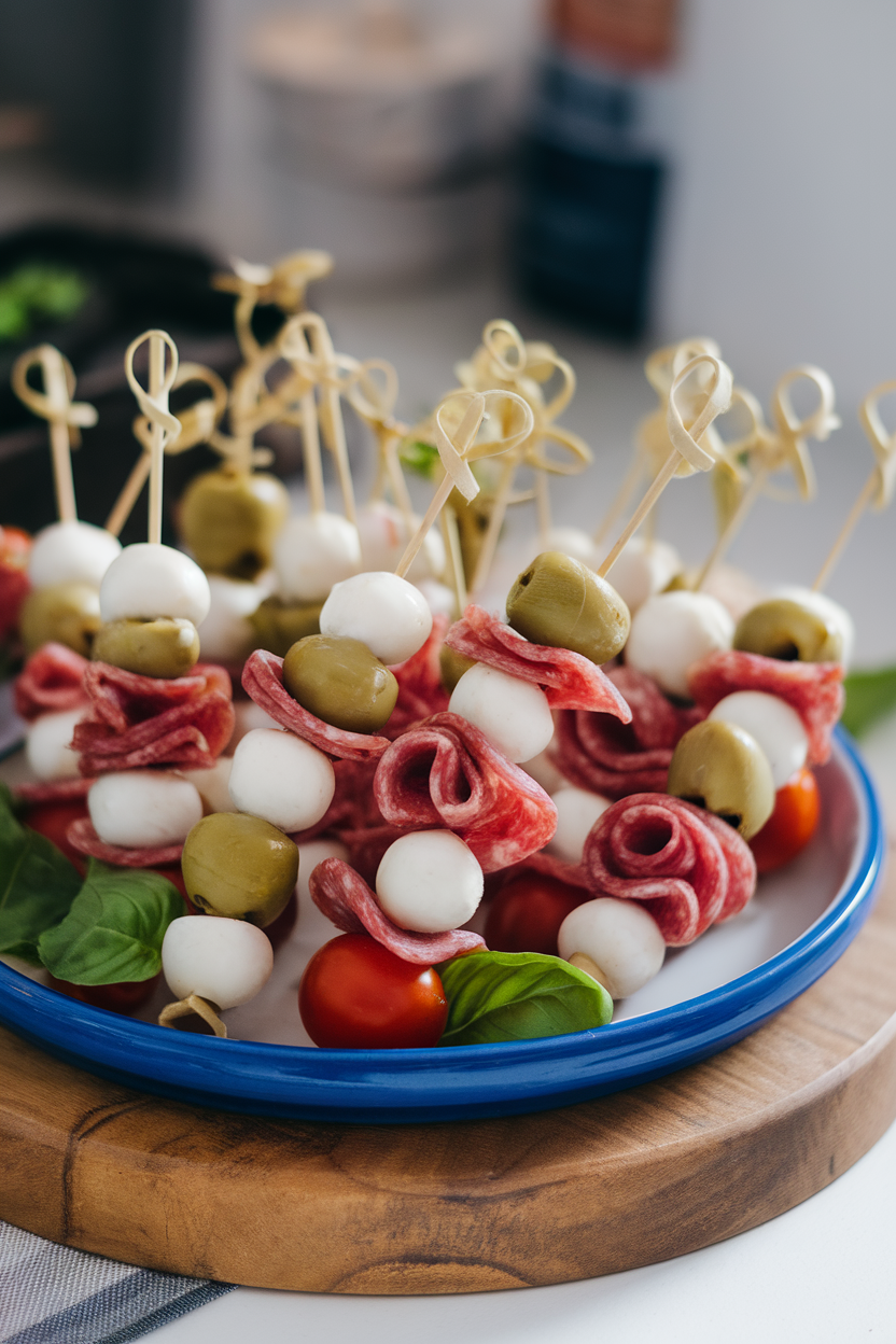 Photo of an indoor ceramic platter holding short skewers threaded with salami, mozzarella pearls, olives, artichoke hearts, and cherry tomatoes. Soft indoor lighting; no text or logos.