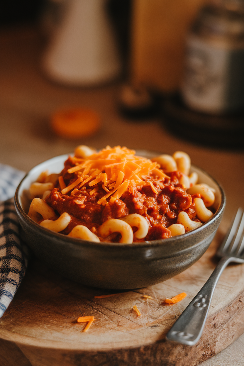 Indoor bowl of chili mac featuring elbow noodles mixed with beefy chili and topped with a sprinkle of cheddar. Warm indoor lighting; no text or logos. Photo, not illustration.