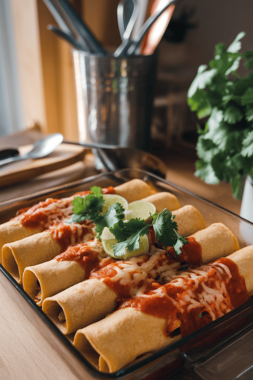 Photo of an indoor table with a casserole of rolled corn tortillas stuffed with roasted vegetables, smothered in red enchilada sauce and melted cheese. No text or logos anywhere in scene.
