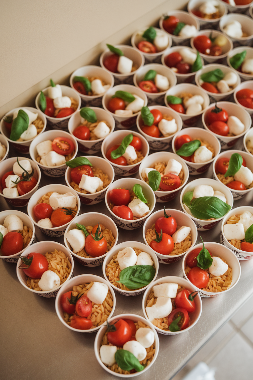 Photo of an indoor counter with small compostable cups filled with orzo pasta, cherry tomatoes, fresh basil, and mozzarella crumbles. Overhead shot; no text or logos.