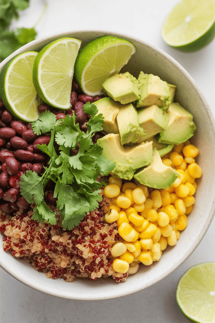 Indoor bowl with red quinoa, black beans, corn, avocado chunks, and cilantro garnished with lime wedges. Photo only, no text or logos.