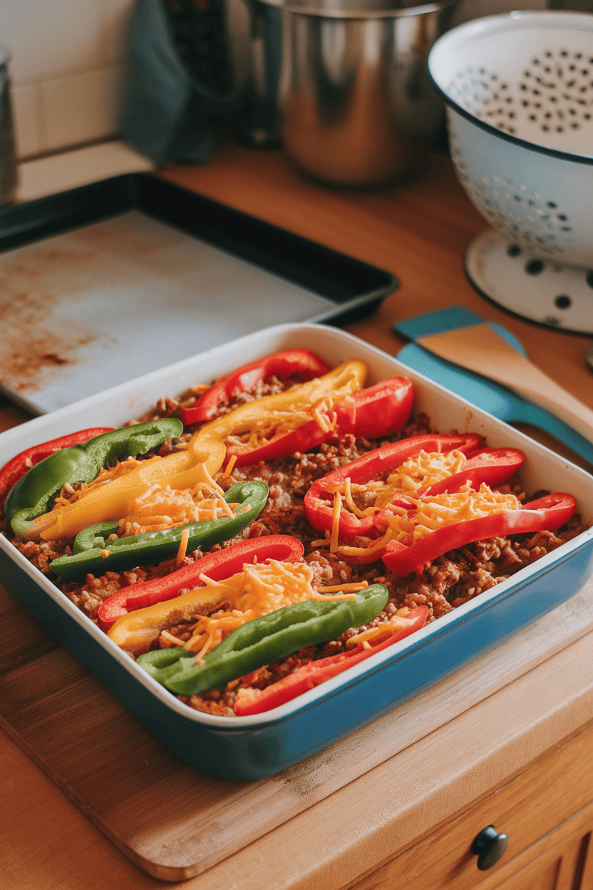 Photo inside a home kitchen featuring a casserole of colorful bell pepper strips, tomato-rice filling, and browned beef, all topped with cheese. No text or logos in scene.