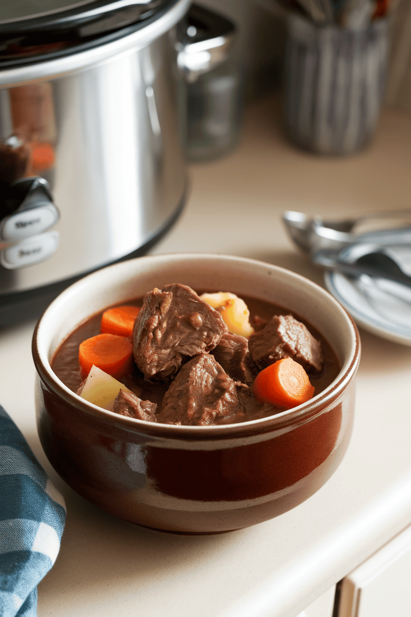 Indoor countertop with a ceramic bowl of hearty beef stew—tender chunks of beef, carrots, and potatoes in a rich brown gravy—slow cooker visible in background; no text or logos present.