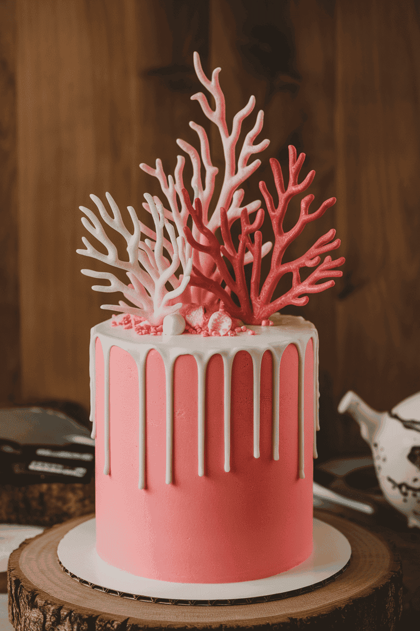 Indoor photo of a coral-colored drip cake, white chocolate ganache dripping over the edge, crowned with sculpted pink and red isomalt coral branches; no logos or text.