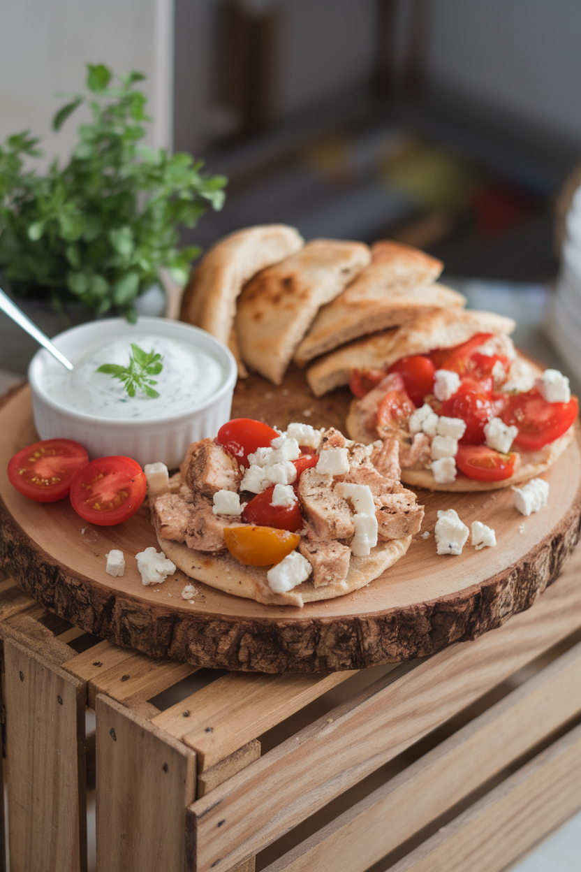 Indoor shot of mini pita breads, herbed Greek yogurt sauce, cooked diced chicken, sliced cherry tomatoes, and crumbled feta—no logos or text present.