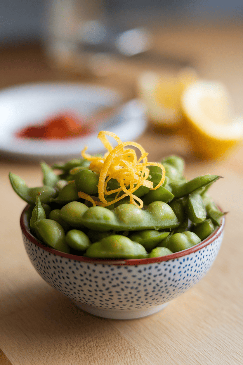 A small indoor bowl piled high with steamed edamame pods, a fine grating of lemon zest visible on top. No text or logos present. Photo, not illustration.