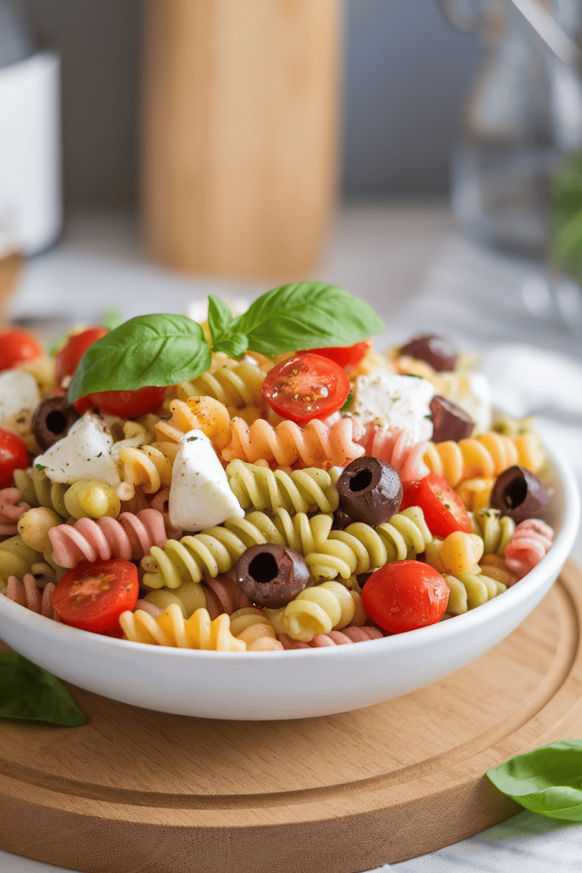Photo prompt: Indoor bowl of tri-color rotini salad mixed with cherry tomatoes, black olives, and diced mozzarella; no logos, no text.