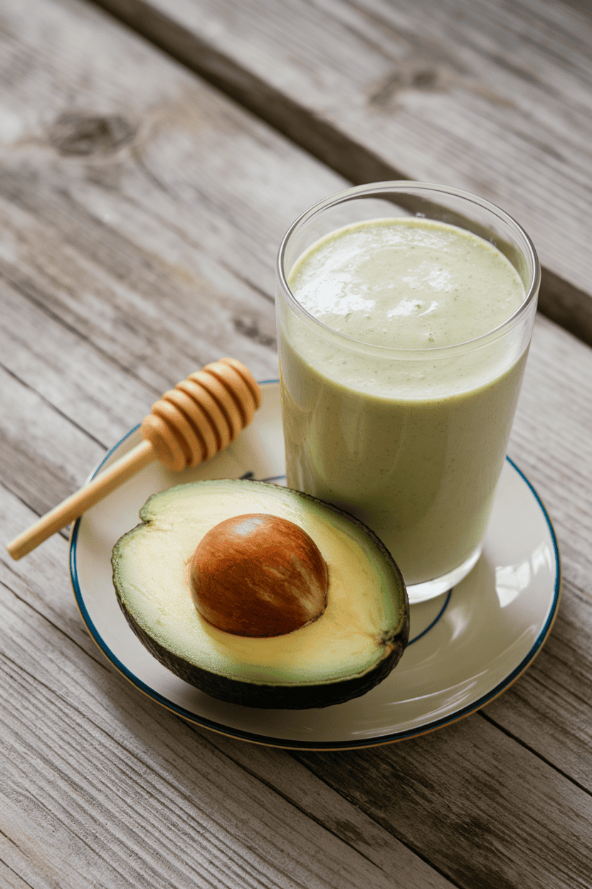 Indoor setting with a pale green smoothie, half an avocado and a honey dipper resting on a saucer. Photo, no text or logos.