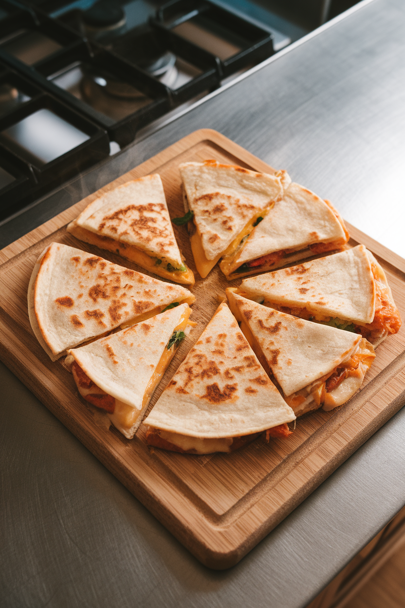 An indoor kitchen island showing a cutting board with triangular wedges of melted-cheese quesadilla, steam rising slightly, no text or logos.