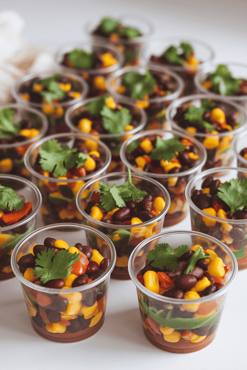 Small clear cups indoors holding a colorful black bean, corn, and pepper salad garnished with cilantro; no text or logos. Photo, not illustration.