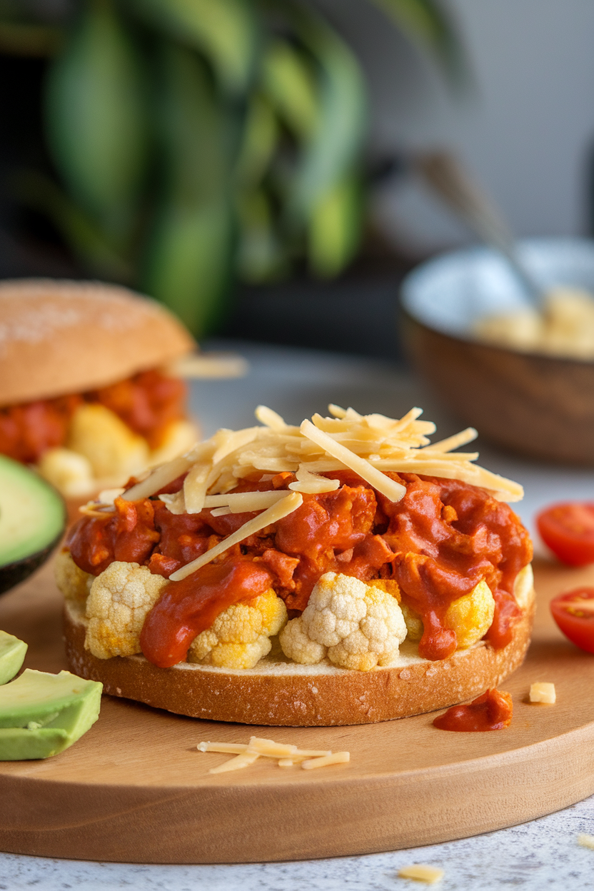 Indoor photo of round cauliflower sandwich thins, mild taco sauce, roasted cauliflower florets, and shredded Colby Jack cheese—no branding or text.