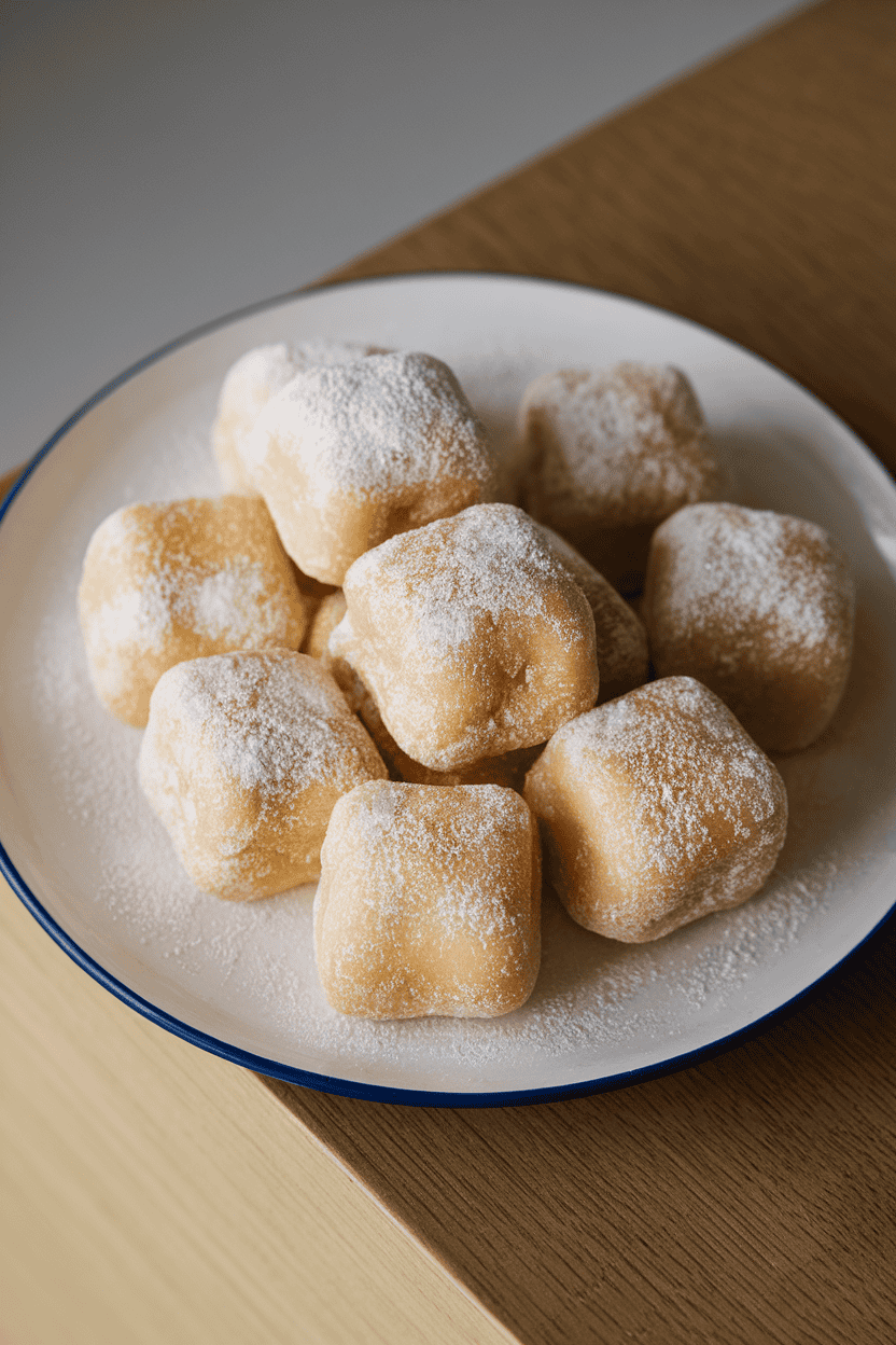 Indoor photo of glossy, square coconut mochi cookies dusted lightly with potato starch on a white plate, soft overhead light, no text or logos