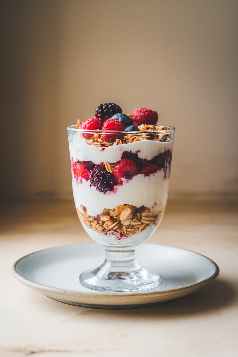 Indoor photo of a clear parfait glass layered with Greek yogurt, mixed berries, and granola; side lighting highlights layers; no text or logos. Photo, not illustration.