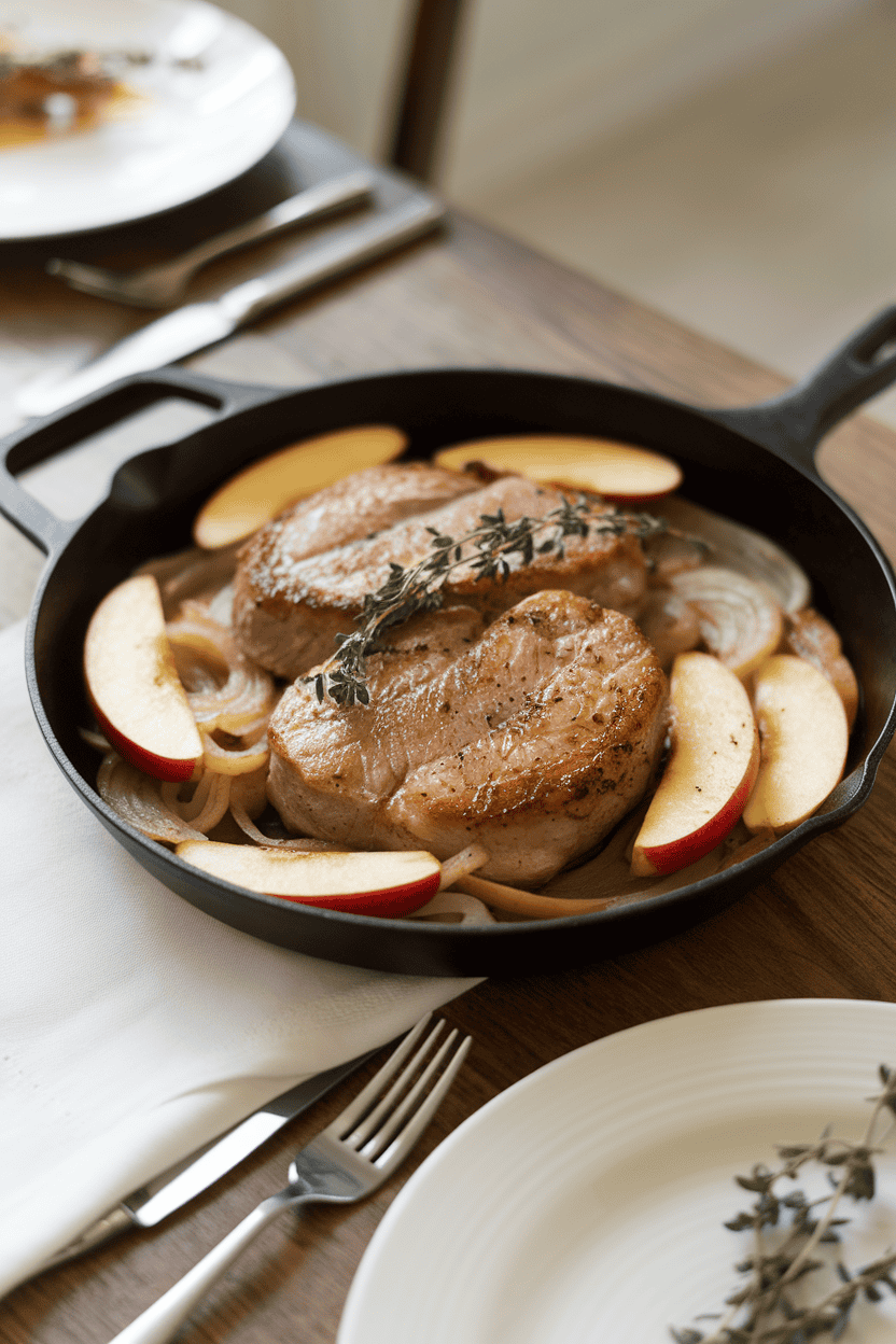 Indoor dining table featuring a skillet of seared pork chops nestled among sautéed apple slices and caramelized onions, thyme sprigs on top; no logos, photo only.