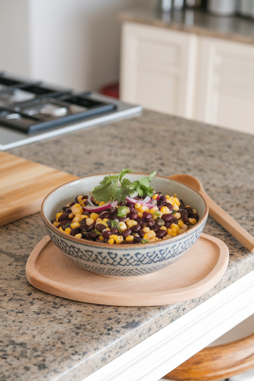 Indoor kitchen island featuring a ceramic bowl of black bean and corn salad with red onion and cilantro, light vinaigrette sheen. No branding anywhere.