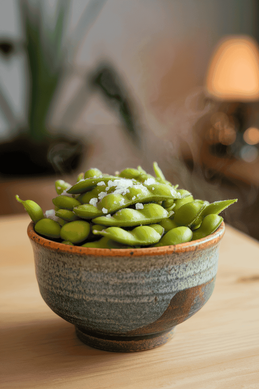 Indoor ceramic bowl of bright green steamed edamame sprinkled with sea salt, placed on a wooden table. Steam visible, no text or logos, photo only.