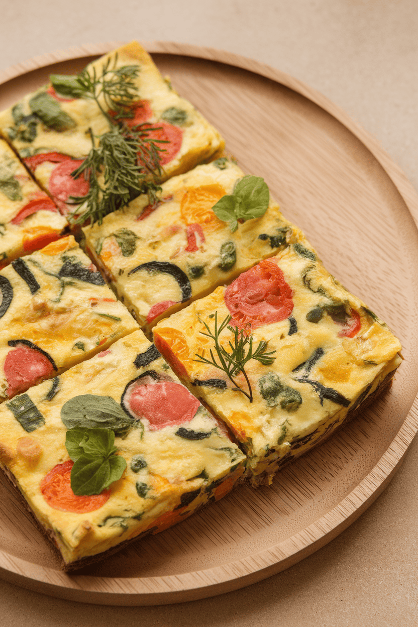 Indoor photo of a sheet-pan frittata cut into neat squares, colorful vegetables visible throughout, served on a simple platter; no text or logos.