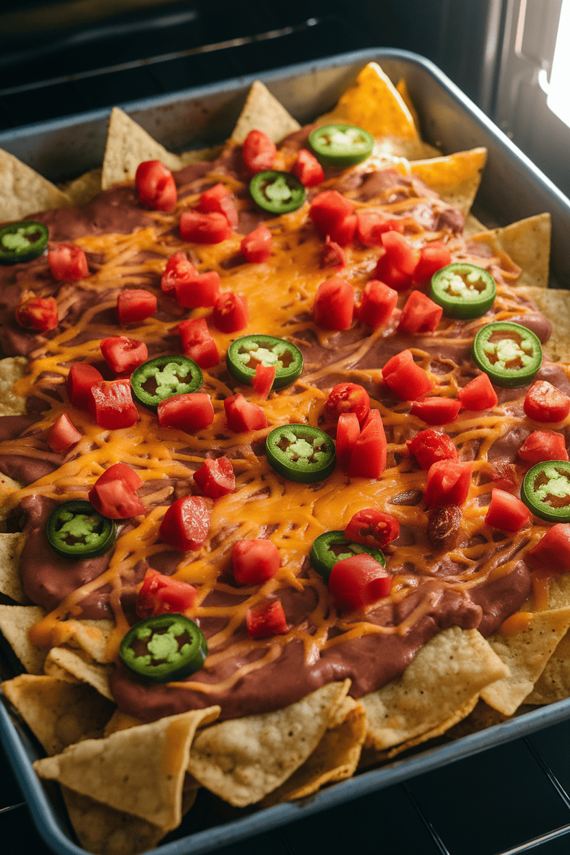 Indoor baking tray filled with tortilla chips topped with melted cheese, refried beans, diced tomatoes, and jalapeño slices. No text or logos, warm oven-fresh light. Photo only.