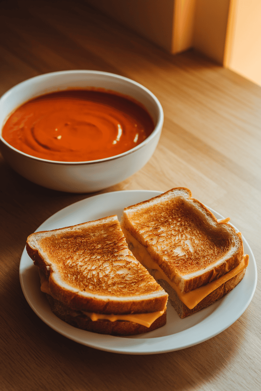 Indoor kitchen table featuring a bowl of smooth tomato soup beside a diagonally cut grilled cheese sandwich, cheese visibly melted. Warm lighting, no text or logos. Photo only.