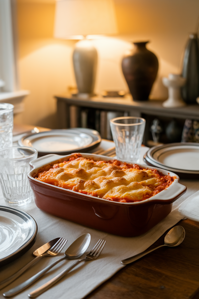 A warmly lit indoor dining table with a bubbling casserole dish of baked ziti, cheese browned on top, and a simple serving spoon beside it. No text or logos appear on dishes or linens.
