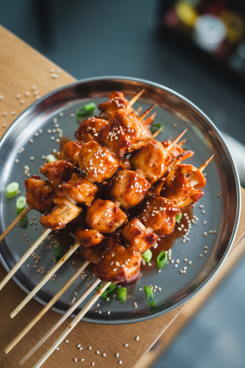 Indoor photo of glazed chicken skewers resting on a platter with scattered sesame seeds, taken from a slight overhead angle. No visible text or logos.