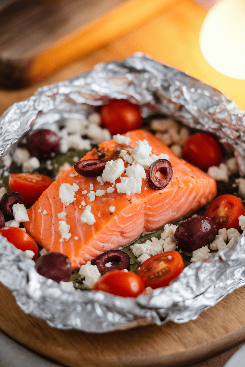 Warm indoor photo featuring a foil packet of cooked salmon surrounded by cherry tomatoes, Kalamata olive slices, and crumbled feta. No text or logos.
