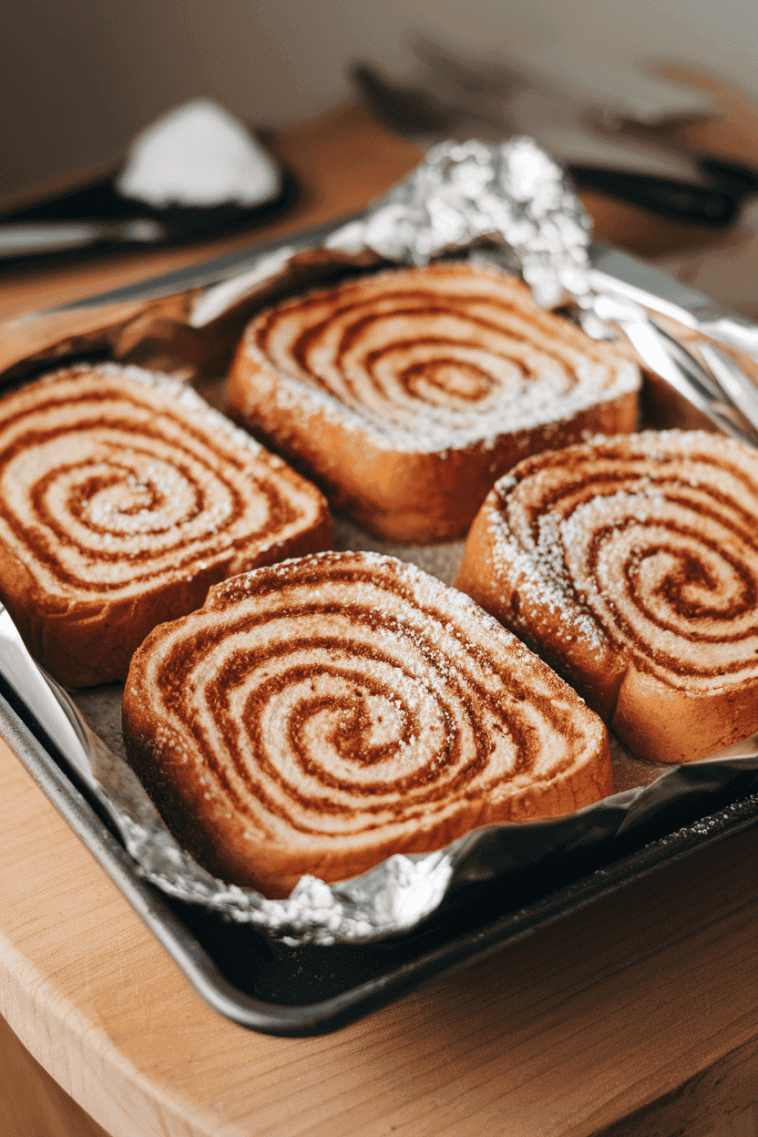 An indoor baking sheet holding thick slices of cinnamon-swirled French toast nestled in foil, powdered sugar dusted on top; warm lighting, no text or logos. Photo, not illustration.