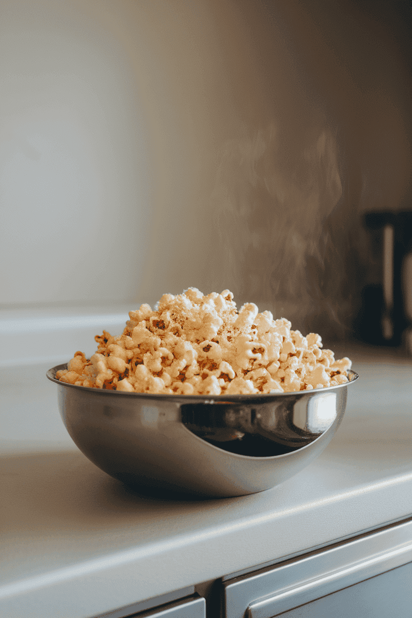 Indoor kitchen counter with a stainless bowl of air-popped popcorn lightly dusted with grated Parmesan, steam still visible. Neutral backdrop, no text or logos, photo only.