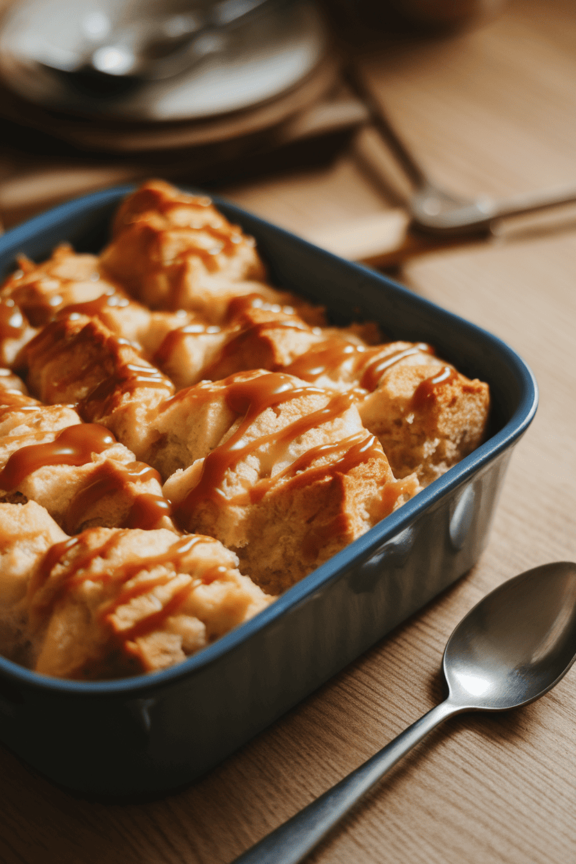 Indoor photo of a baking dish filled with golden bread pudding drizzled with caramel, a spoon resting nearby; cozy lighting; no text or logos