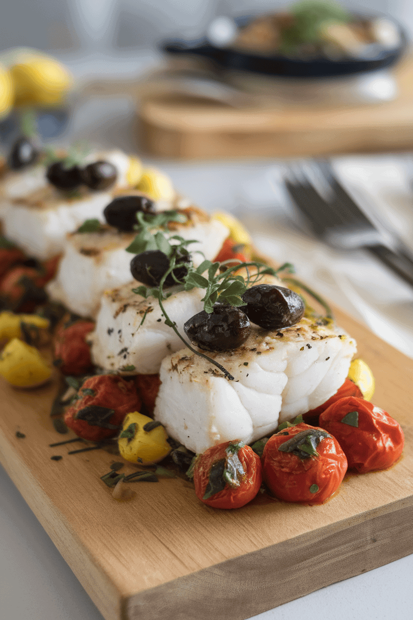 Indoor oven-to-table dish containing flaky white cod fillets topped with roasted cherry tomatoes, black olives, and herbs. No text or logos present.